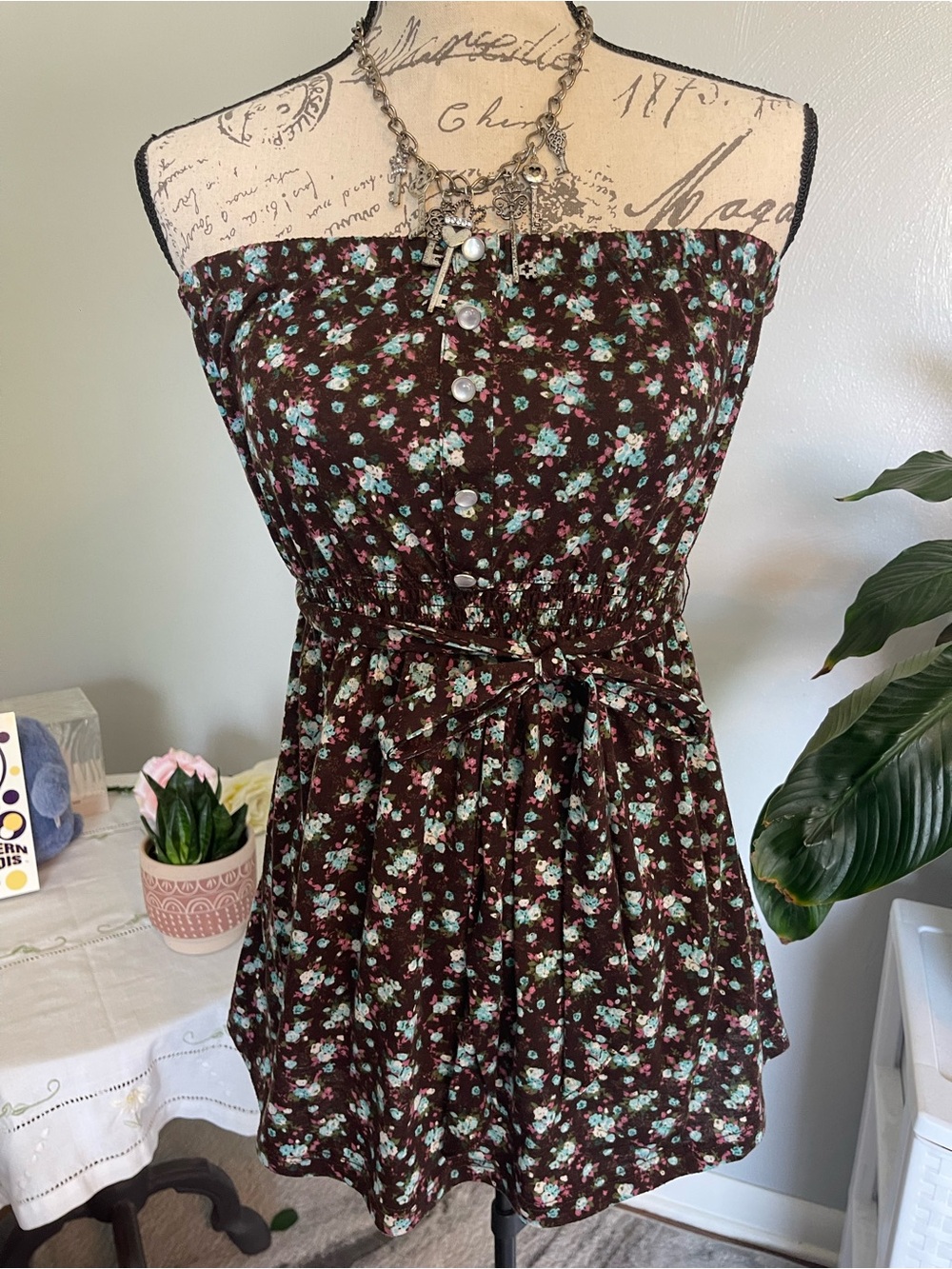 Weavers Brown Strapless Floral Top with Mint and Pink Print Size XL